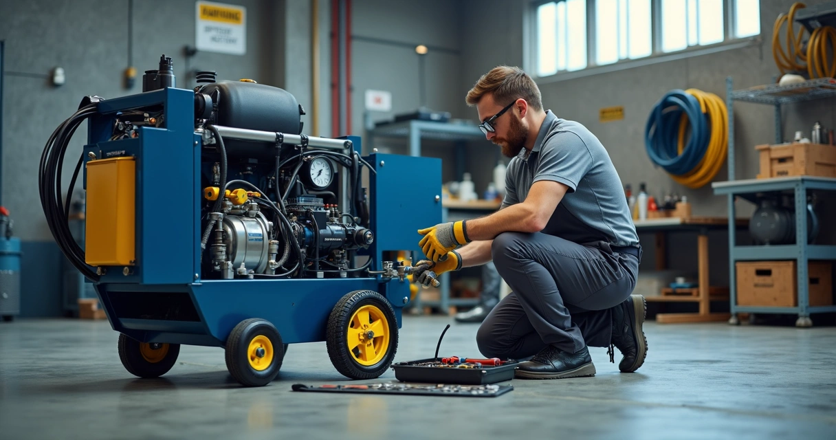 Técnico fazendo manutenção preventiva em lavadora de alta pressão industrial 