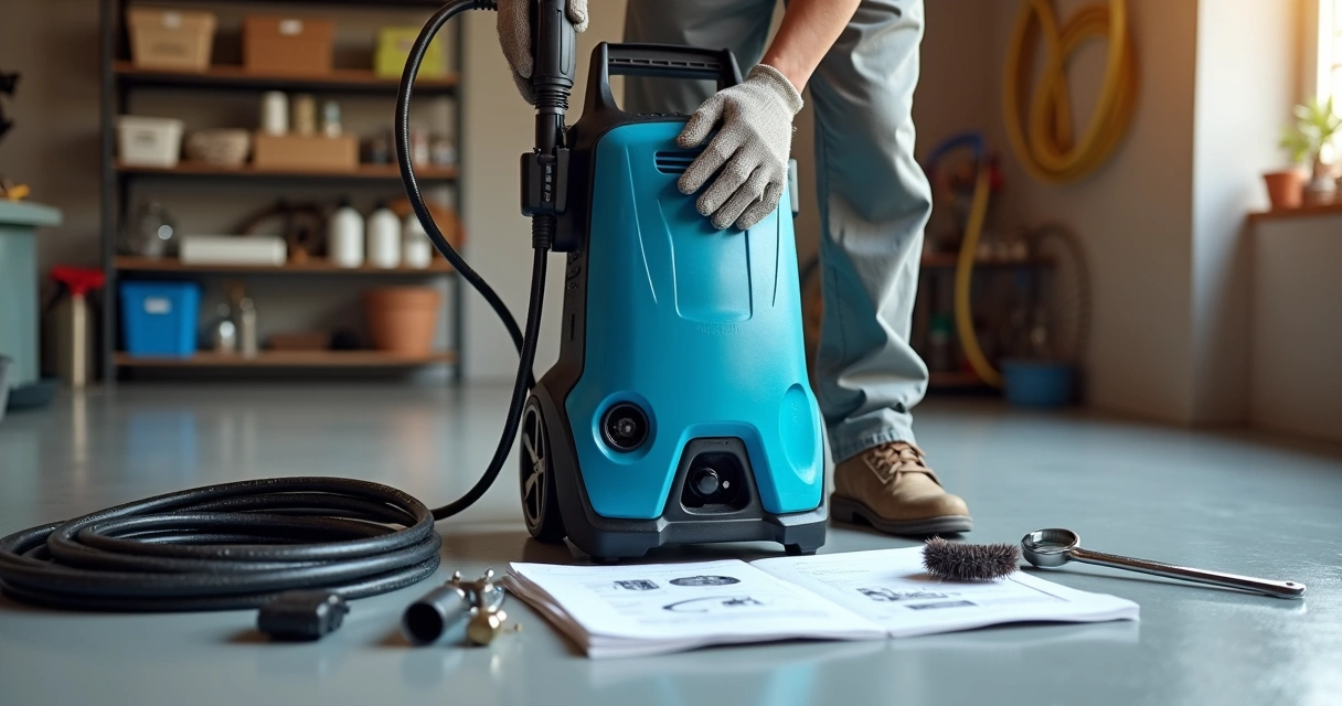 Técnico limpando lavadora de pressão com ferramentas de manutenção ao lado 