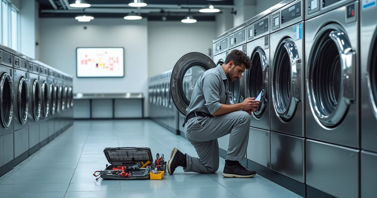 Técnico ajustando máquina de lavar industrial em lavanderia de autoatendimento moderna 