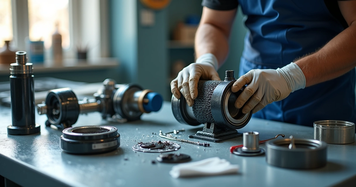 Técnico fazendo manutenção em bomba submersa desmontada 