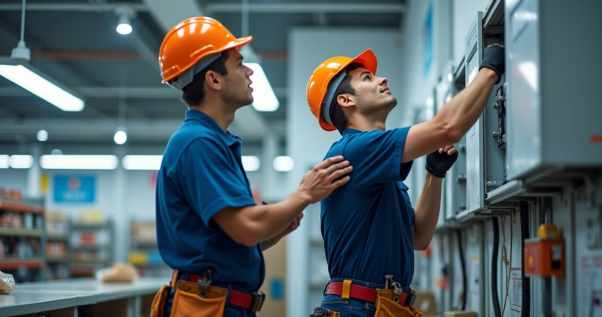 Técnicos realizando manutenção em instalação elétrica de loja comercial 