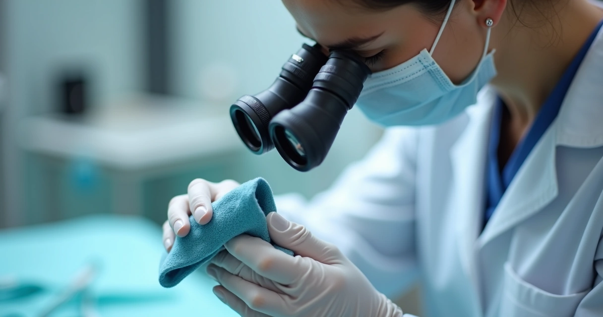 Profissional realizando vistoria e limpeza em lupa binocular Galileu com pano de microfibra