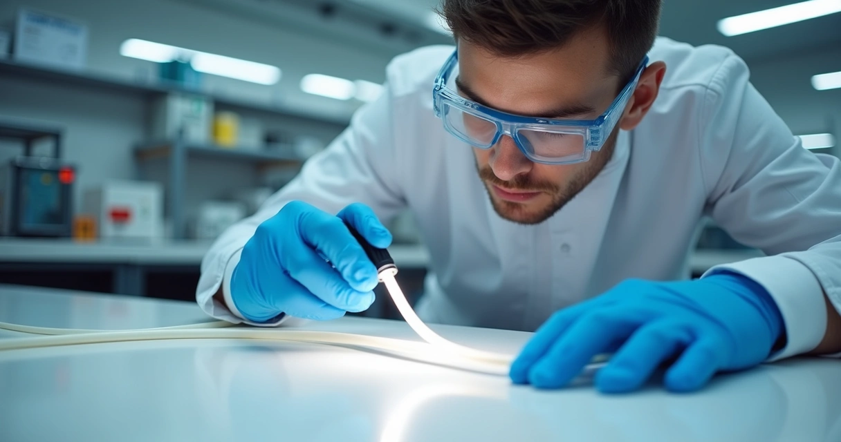 Técnico inspecionando mangueira de teflon PTFE 