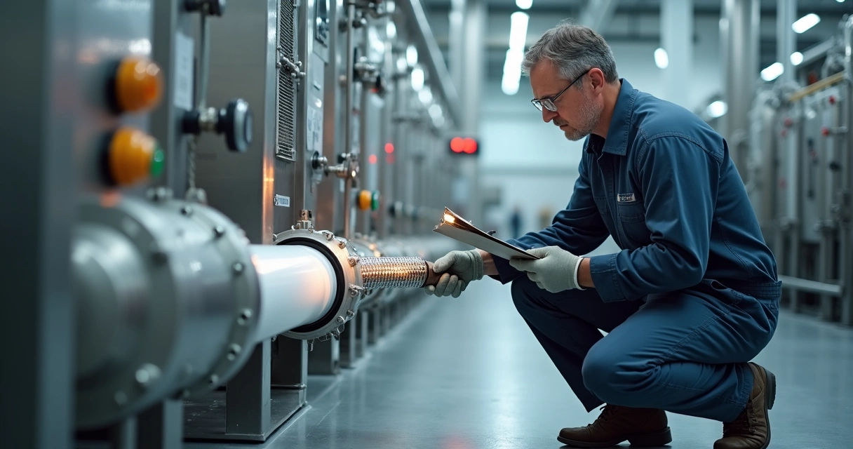 Técnico inspecionando mangueira em teflon PTFE conectada a maquinário industrial 