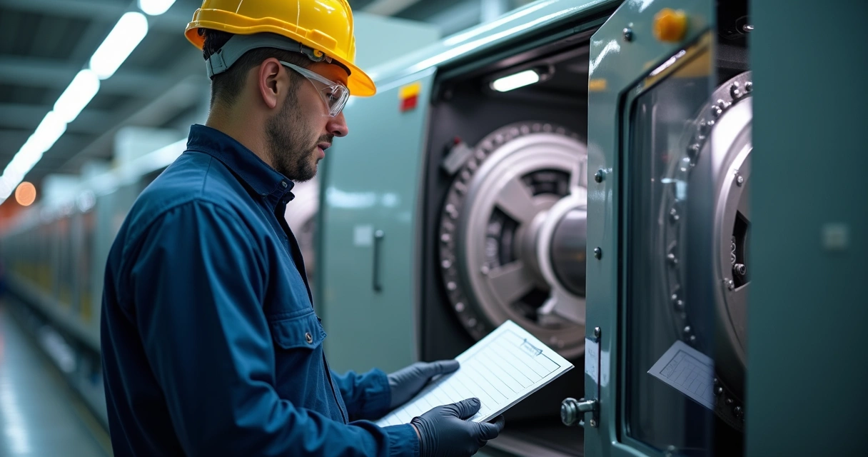 Técnico realiza manutenção em máquina industrial com EPI 