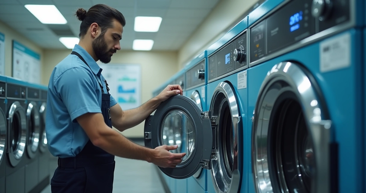 Funcionário realizando manutenção em máquina de lavar para melhorar indicadores 