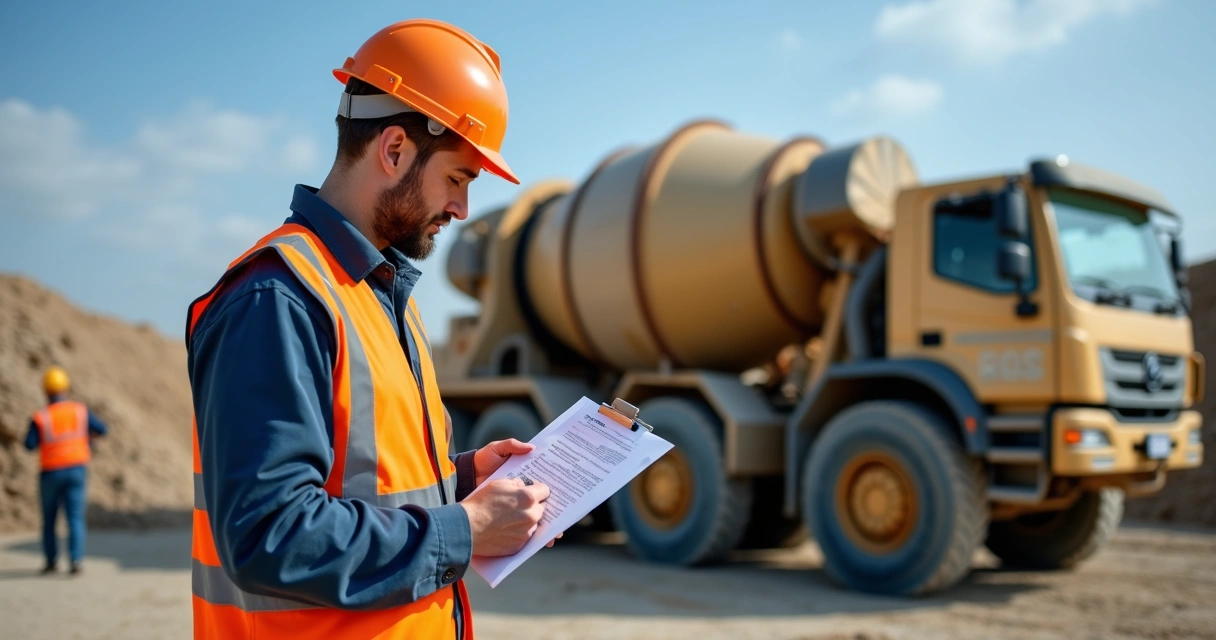 Técnico realizando inspeção em máquina no canteiro