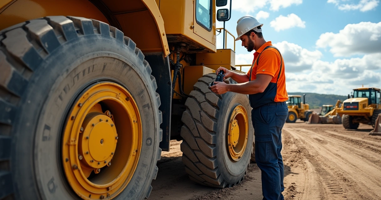 Técnico realizando manutenção em máquina amarela pesada no canteiro de obras 