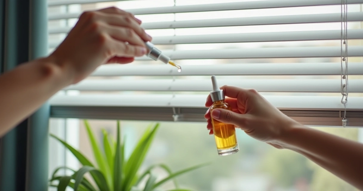 Pessoa aplicando óleo em mecanismo de persiana horizontal ao lado da janela. 