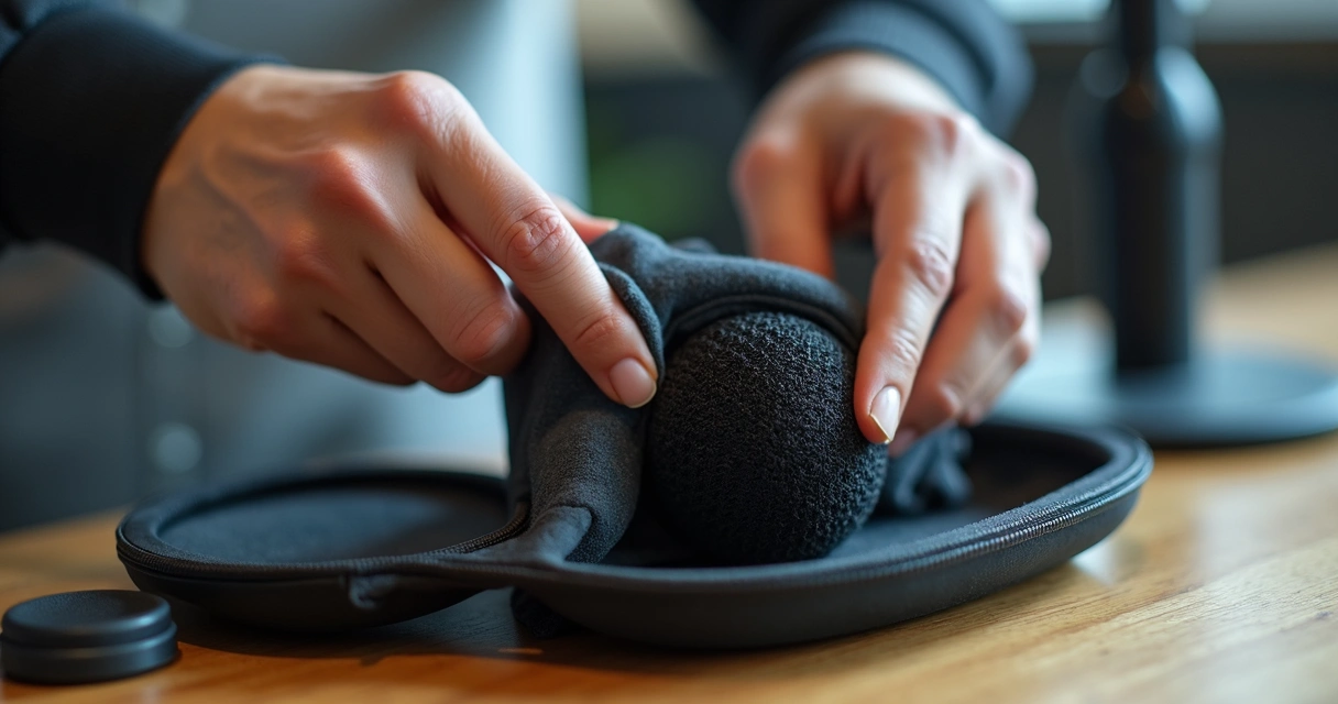 Pessoa limpando e guardando microfone para podcast 