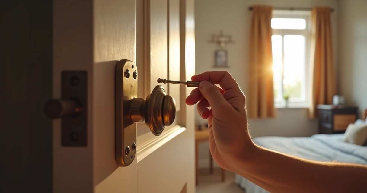 Pessoa consertando maçaneta em um quarto alugado 