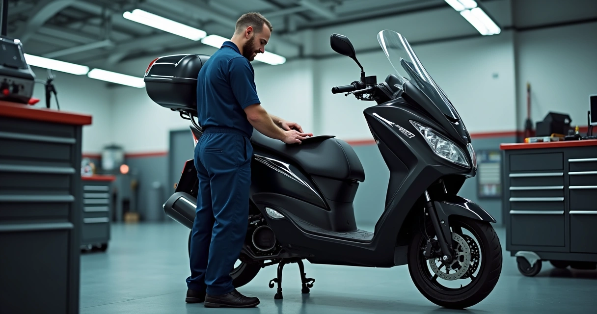 Mecânico revisando moto de delivery com moto aberta e ferramentas ao lado 