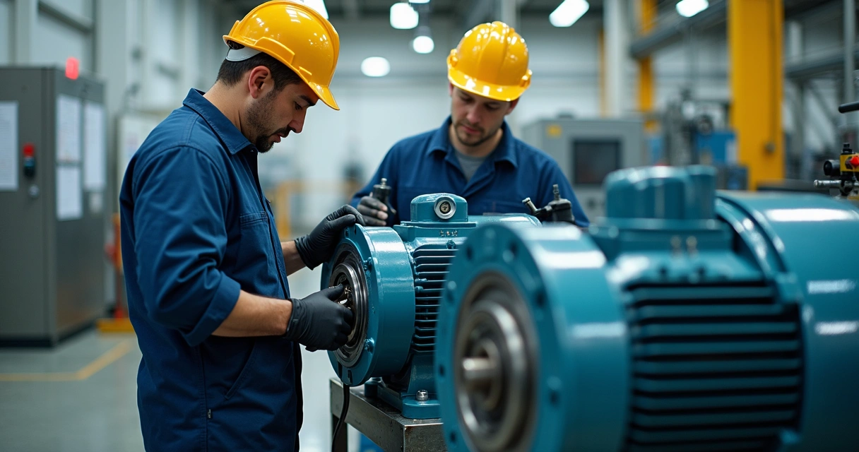 Técnicos realizando manutenção em motores de uma linha de produção 