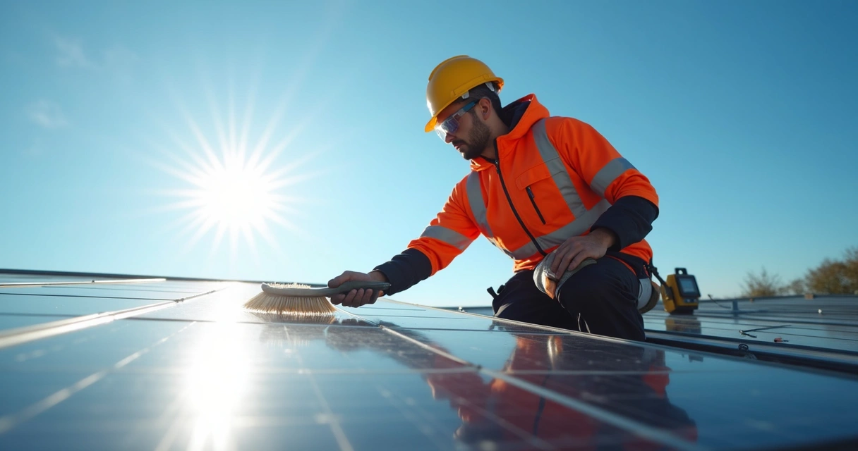 Técnico realizando manutenção em painéis solares 