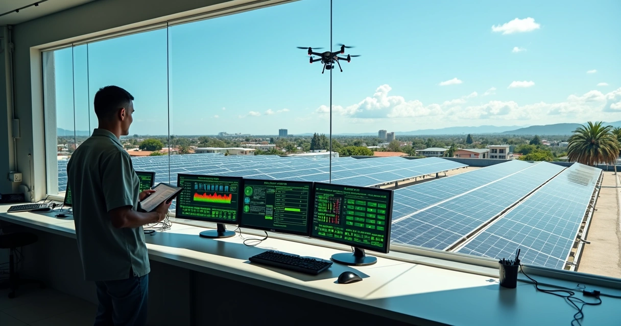 Sala técnica com telas monitorando usina solar e destaque para painel no telhado ao fundo 