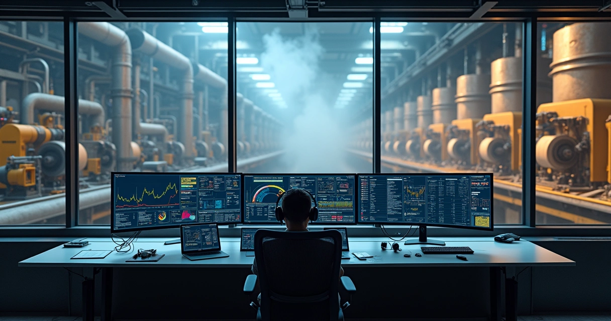 Sala de controle em indústria de papel e celulose com painel digital de análise de falhas por IA 
