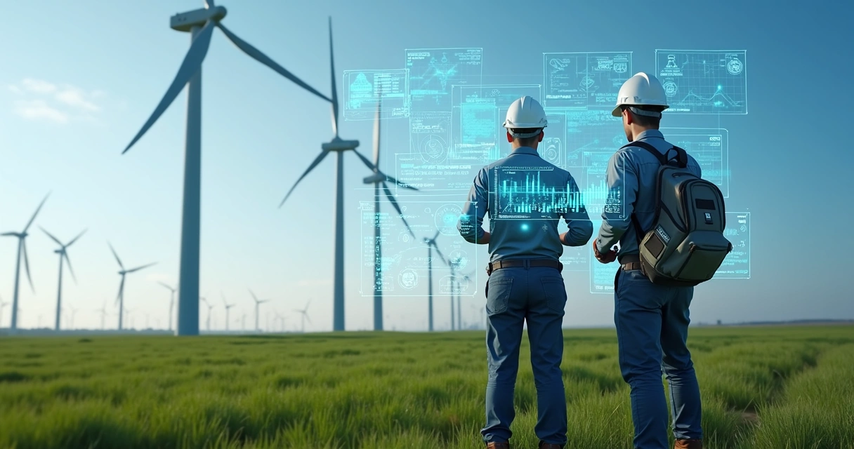 Equipe de técnicos em parque eólico inspecionando aerogeradores com monitoramento digital 