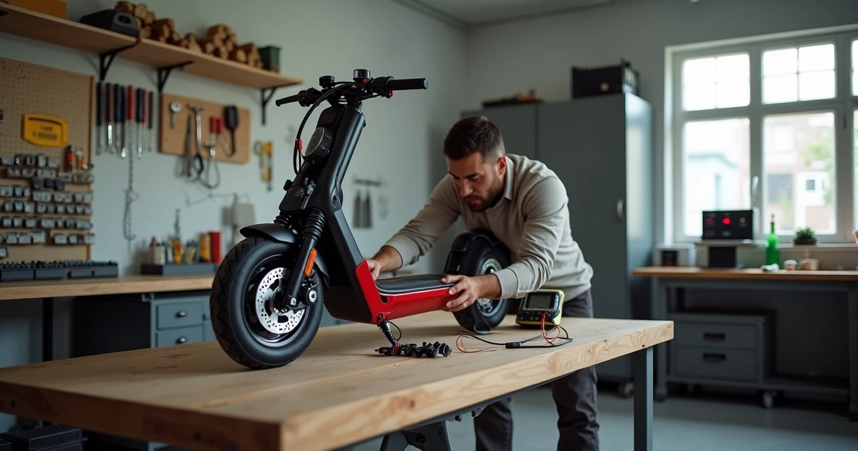 Técnico verificando patinete elétrico em bancada de oficina 