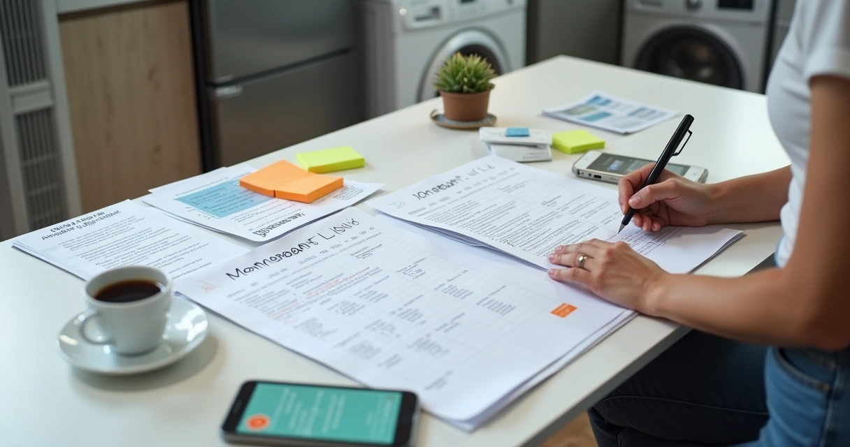 Pessoa anotando prazos de manutenção de eletrodomésticos em um calendário organizado 