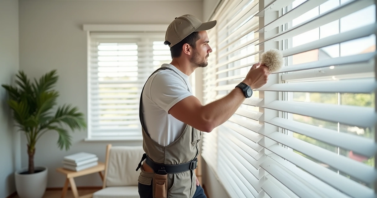 Persiana branca sendo limpa com espanador por instalador em ambiente residencial claro 