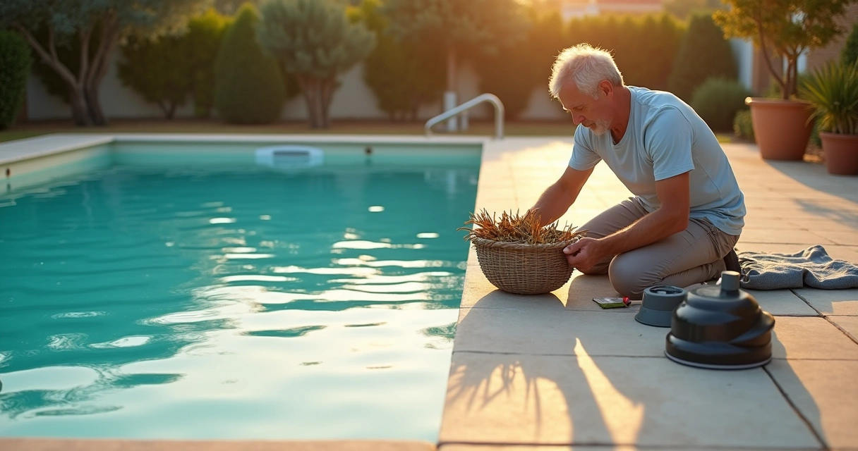 Responsável da casa a limpar skimmer da piscina ao fim da tarde 
