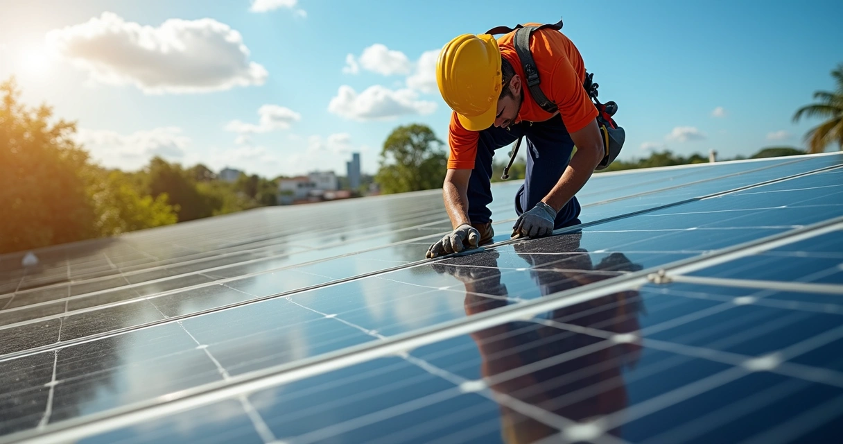 Técnico faz manutenção em painel solar em telhado de empresa no Recife 