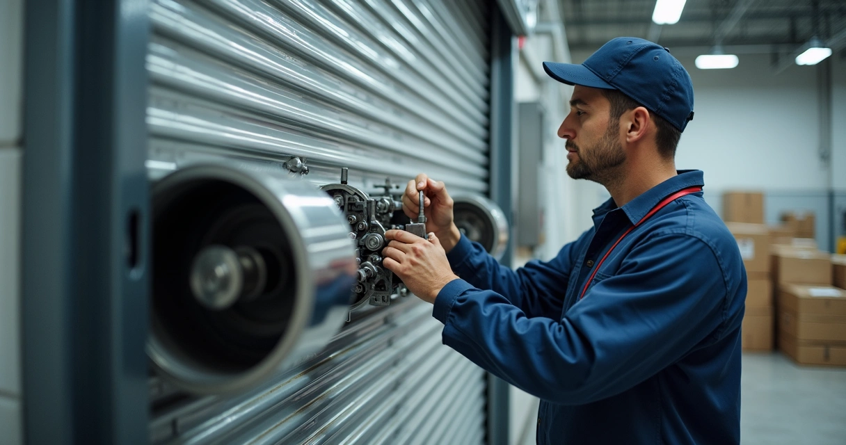 Técnico ajustando componentes internos de porta de aço 