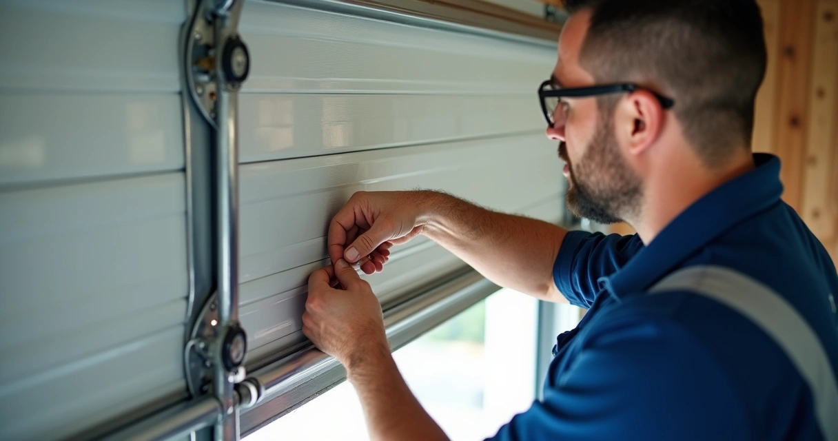 Técnico faz manutenção em porta automática em residência 