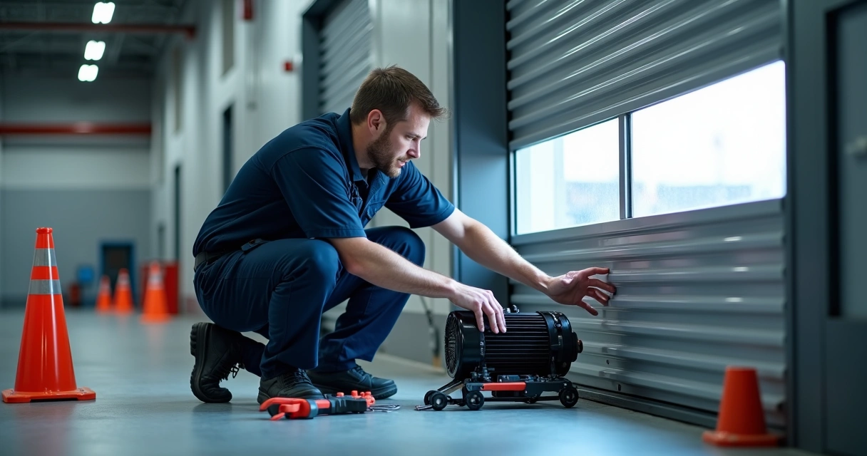 Técnico da Atto Service realizando manutenção em porta de enrolar automática 