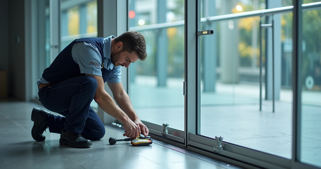 Técnico fazendo manutenção nos trilhos de porta de vidro automática 
