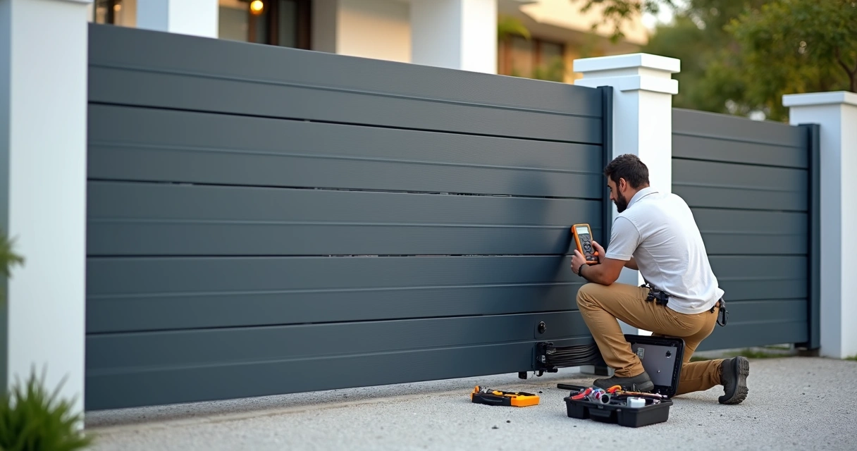 Técnico realizando manutenção em portão eletrônico residencial 