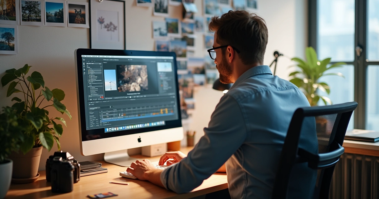 Fotógrafo atualizando o portfólio no computador 