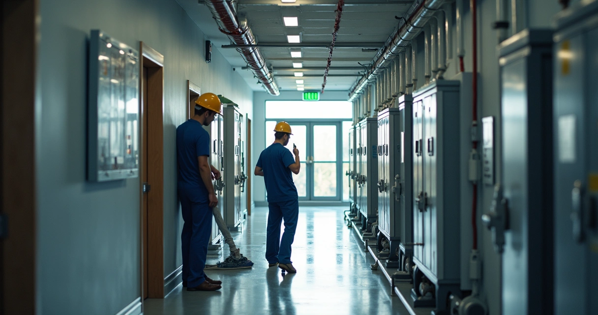 Profissionais vistoriando sistemas hidráulicos e elétricos em corredor de prédio 