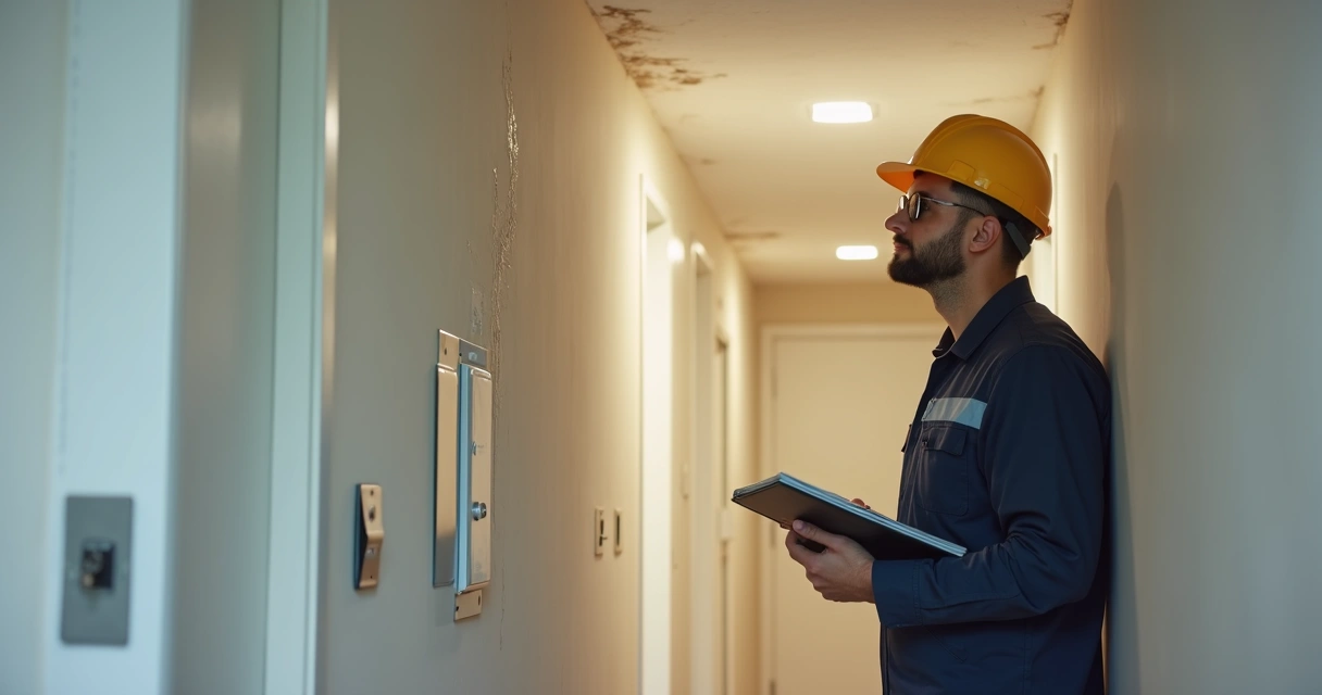Inspeção técnica de manutenção predial em corredor 