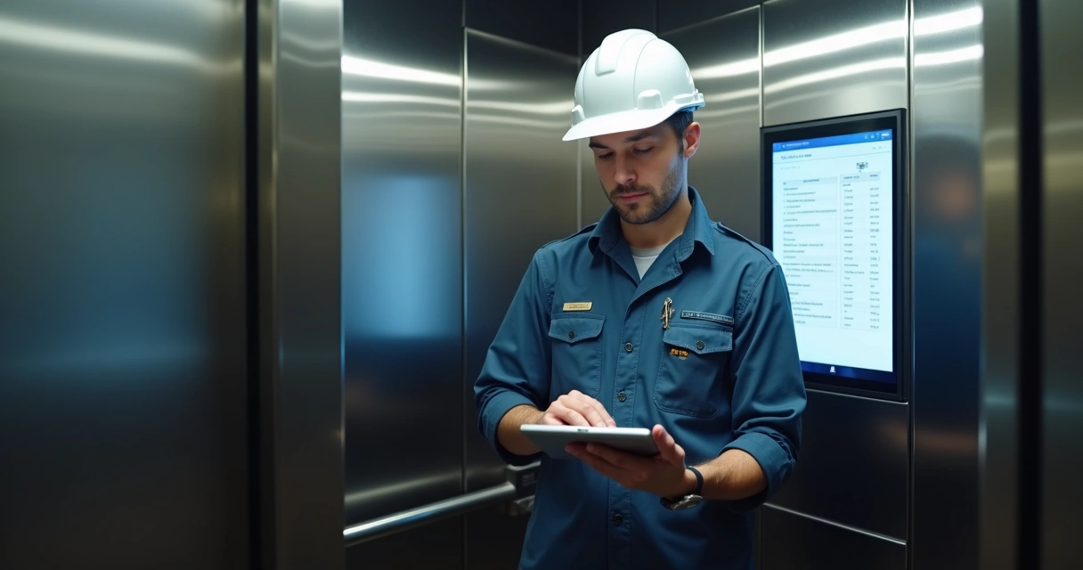 Técnico de manutenção predial usando tablet com memorial no elevador. 