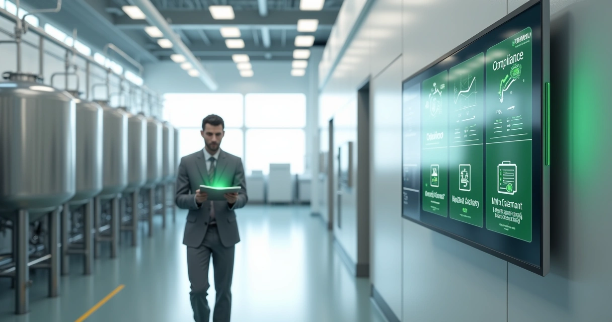 Inspetor auditor caminhando em fábrica limpa enquanto observa painel digital de conformidade 