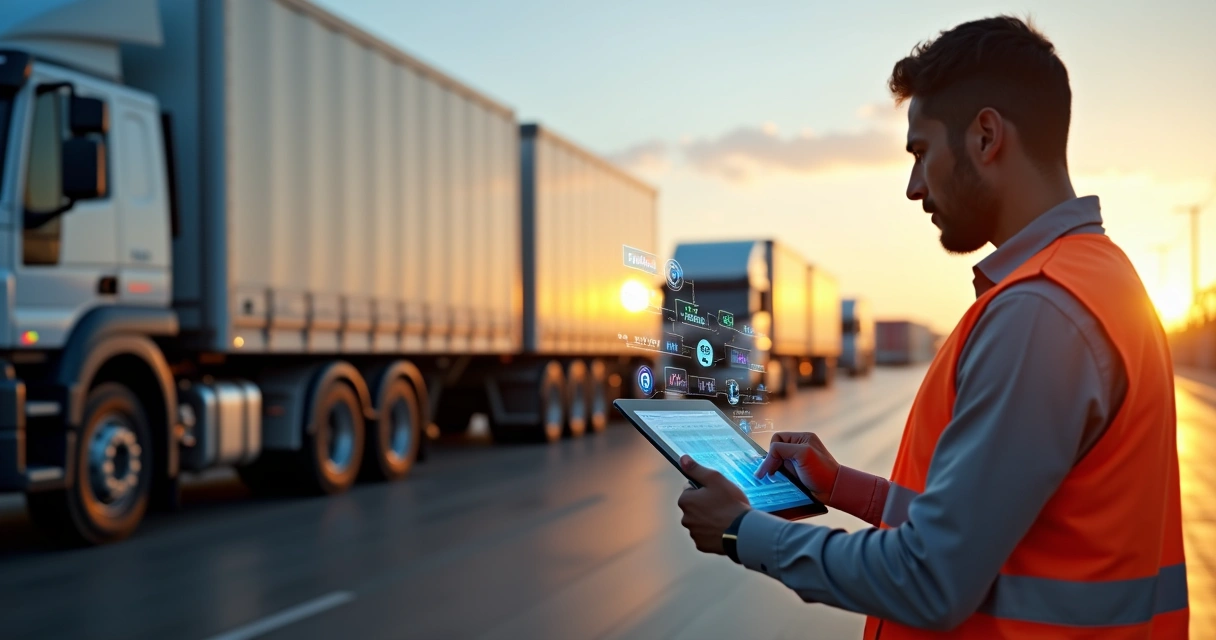 Gestor analisando dados de manutenção preditiva de frota em tablet diante de caminhões estacionados 