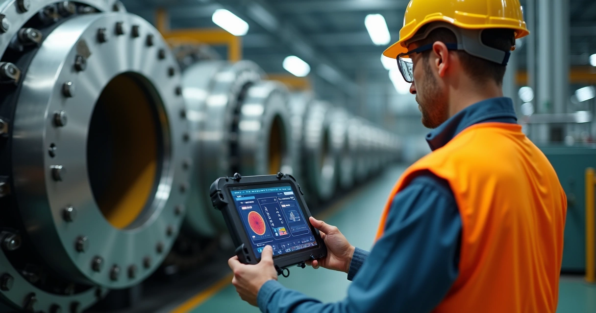 Técnico operando sensor de manutenção preditiva em máquina 