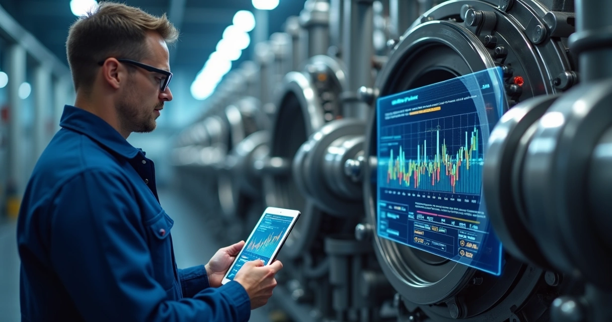 Técnico industrial usando tablet para monitorar máquina 
