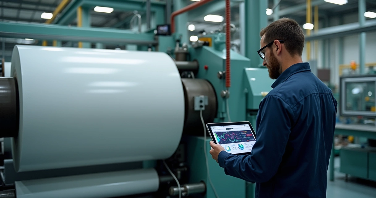 Técnico monitora máquina de papel usando tablet com gráficos de manutenção 