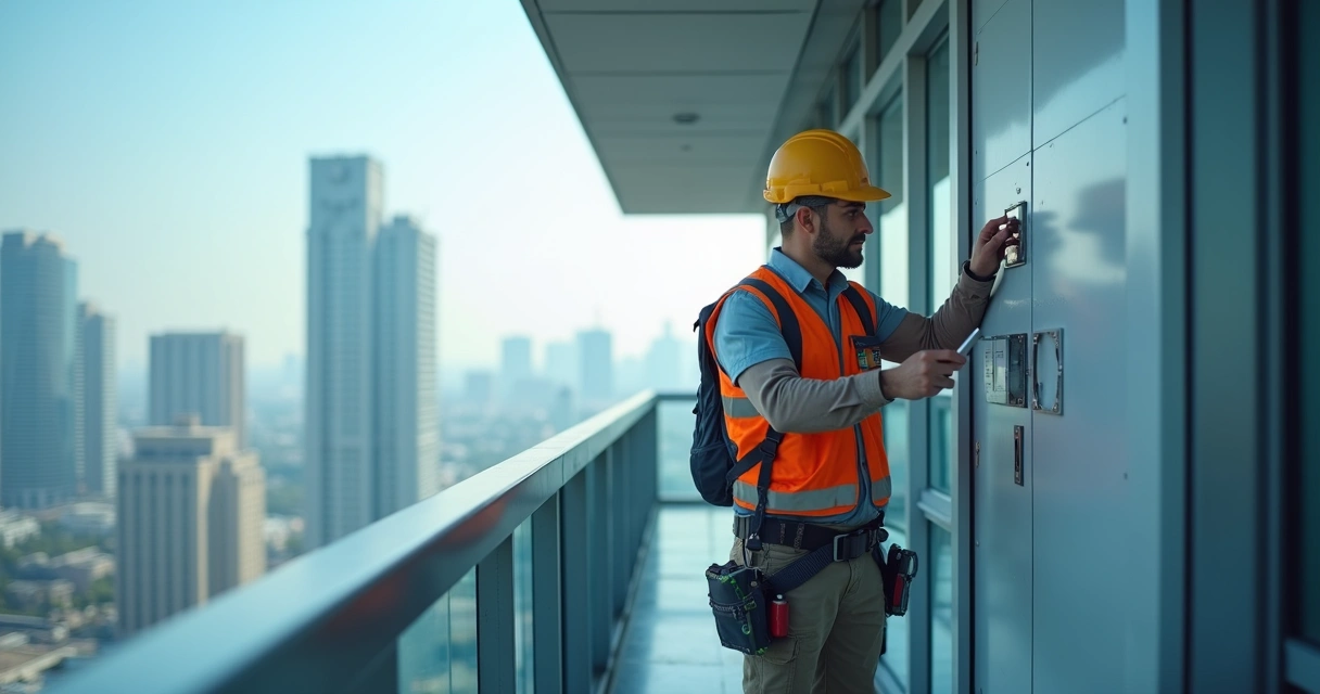 Técnico realizando manutenção preventiva em edifício 