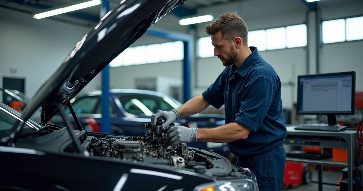 Técnico automotivo realizando manutenção preventiva em transmissão de carro