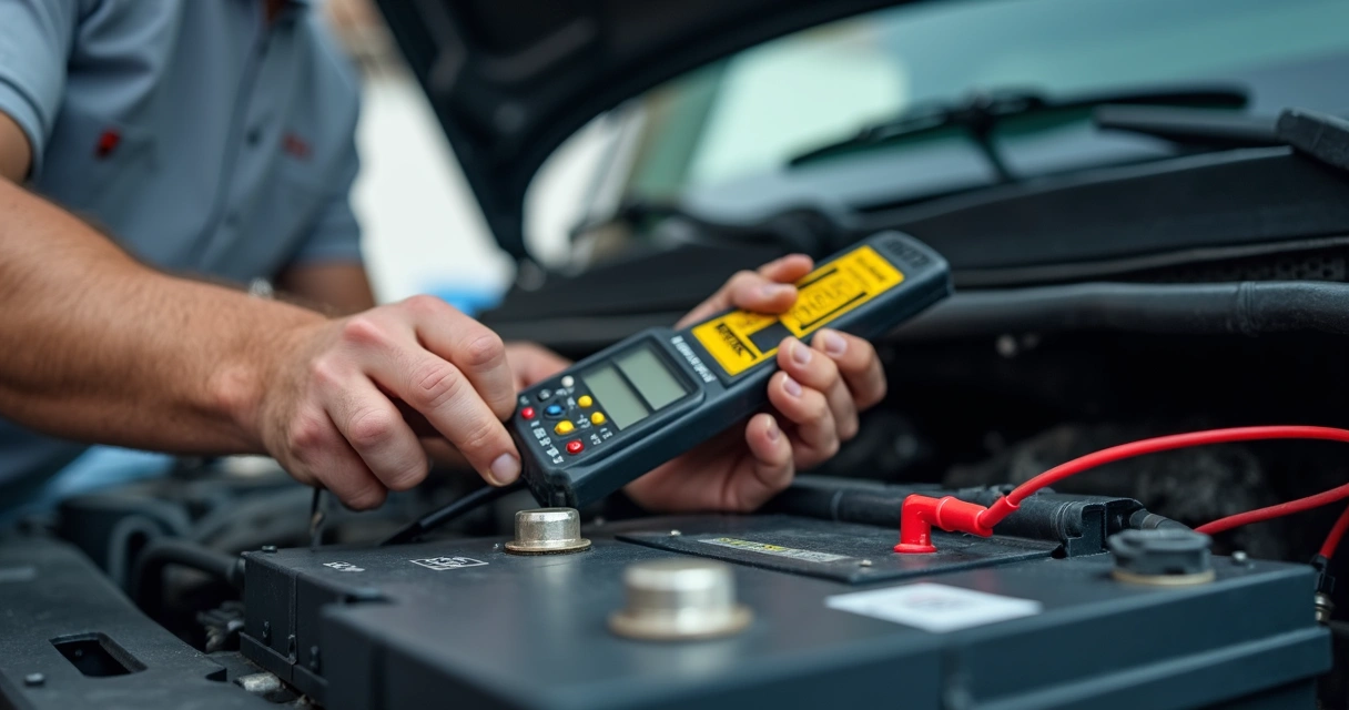Técnico fazendo manutenção preventiva em bateria de caminhão 