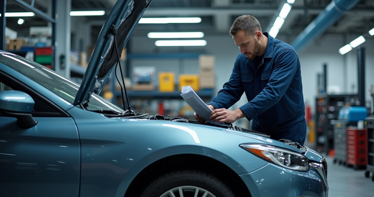 Técnico verificando freios e motor em oficina bem iluminada