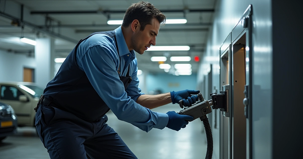Técnico realizando manutenção preventiva em portão automático de condomínio 