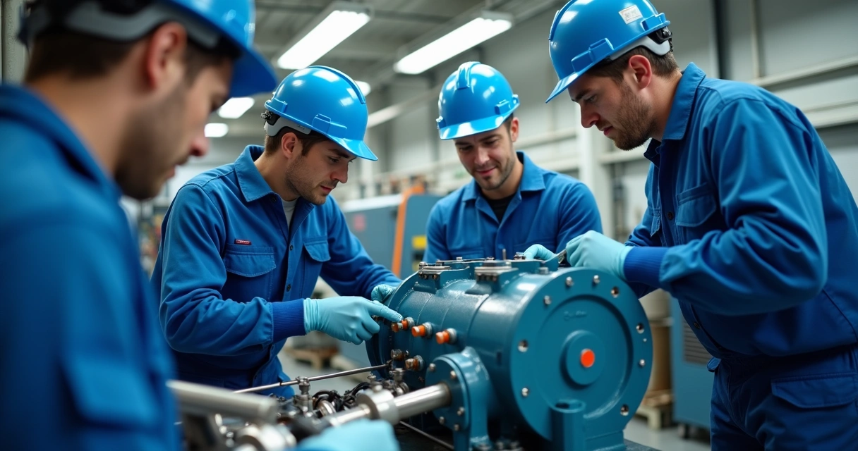 Equipe técnica realizando manutenção preventiva em sistema hidráulico industrial