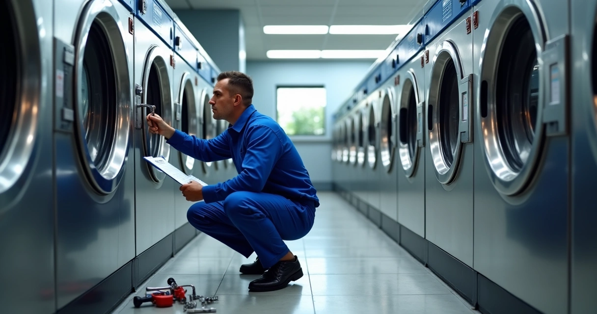 Técnico realizando manutenção preventiva em máquina de lavanderia industrial com ferramentas profissionais 