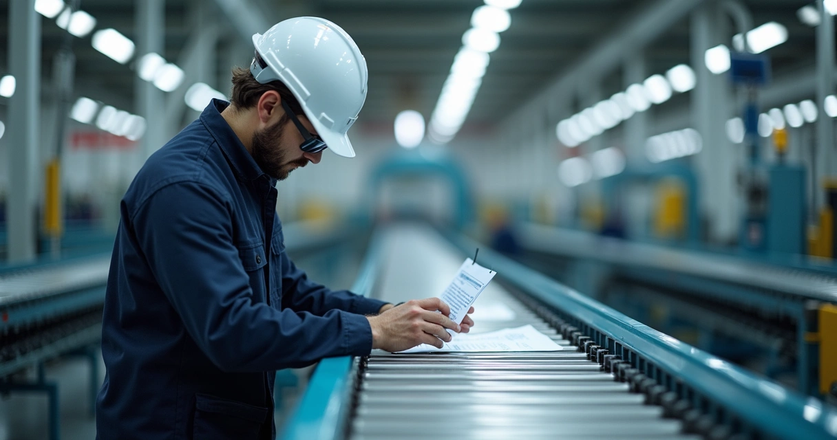 Técnico realizando manutenção preventiva em esteira industrial 