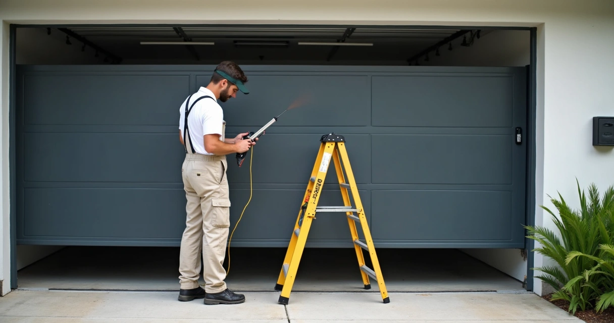 Técnico realizando manutenção preventiva em portão de garagem