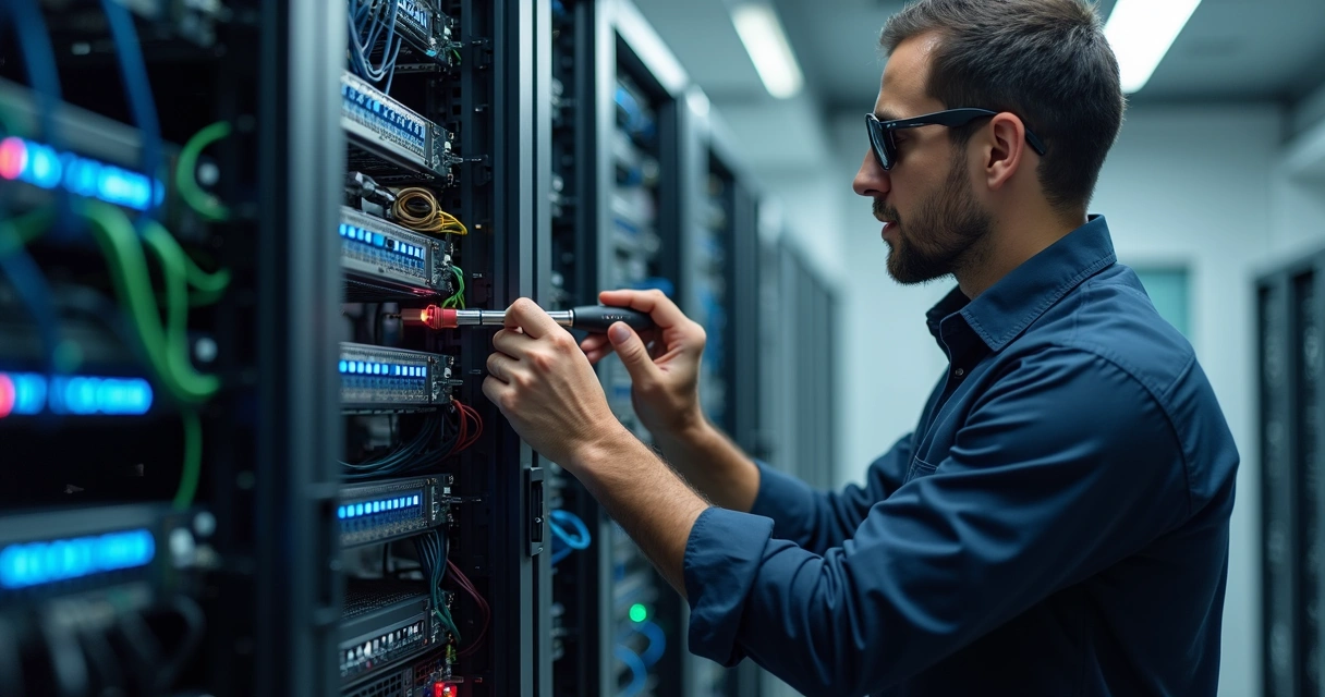 Técnico realiza manutenção preventiva em painel de rede corporativo